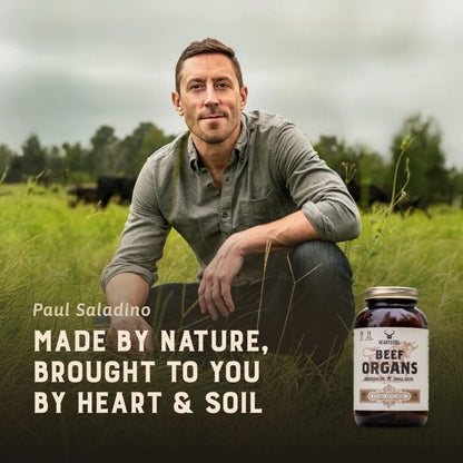 HEART & SOIL – 100% Grass Fed & Finished Beef Organs from Regenerative Cattle with Liver, Heart, Kidney, Pancreas & Spleen – 3000mg Beef Organ Supplement for Women & Men – Glass Bottle – 180 Capsules