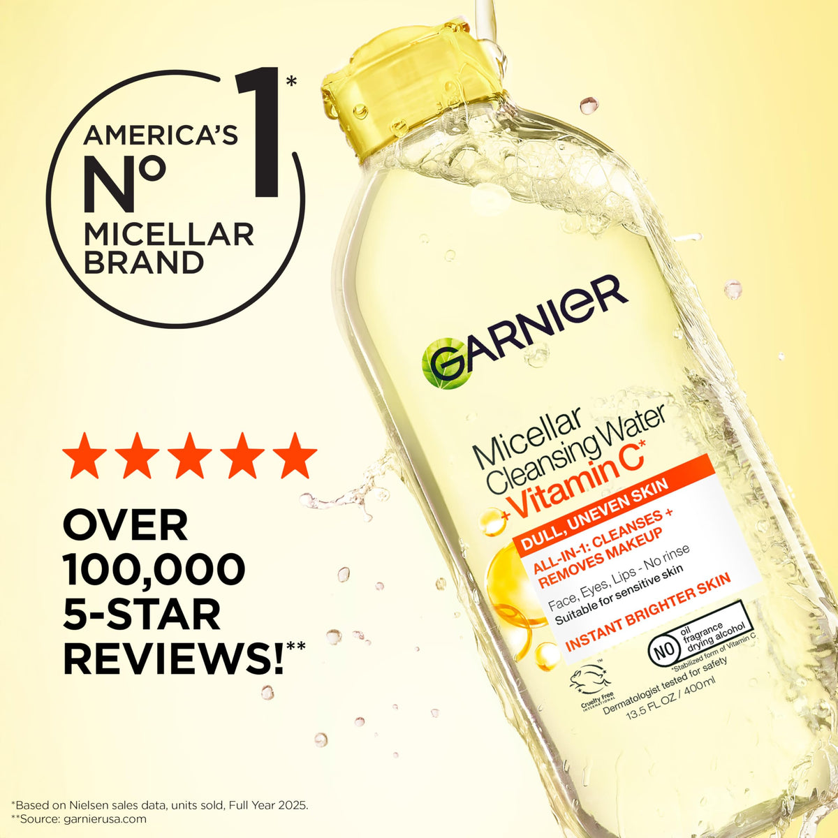 Garnier Micellar Water with Vitamin C, Facial Cleanser & Makeup Remover, Brightening & Hydrating, For All Skin Types, Vegan, Cruelty Free, 13.5 Fl Oz (400mL), 1 Count Garnier