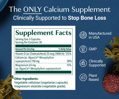 ALGAECAL - Plant Based Calcium Supplement for Women & Men - Organic Calcium 750mg with Vitamin D3 1000 IU, 13 Minerals for Bone Strength ALGAECAL