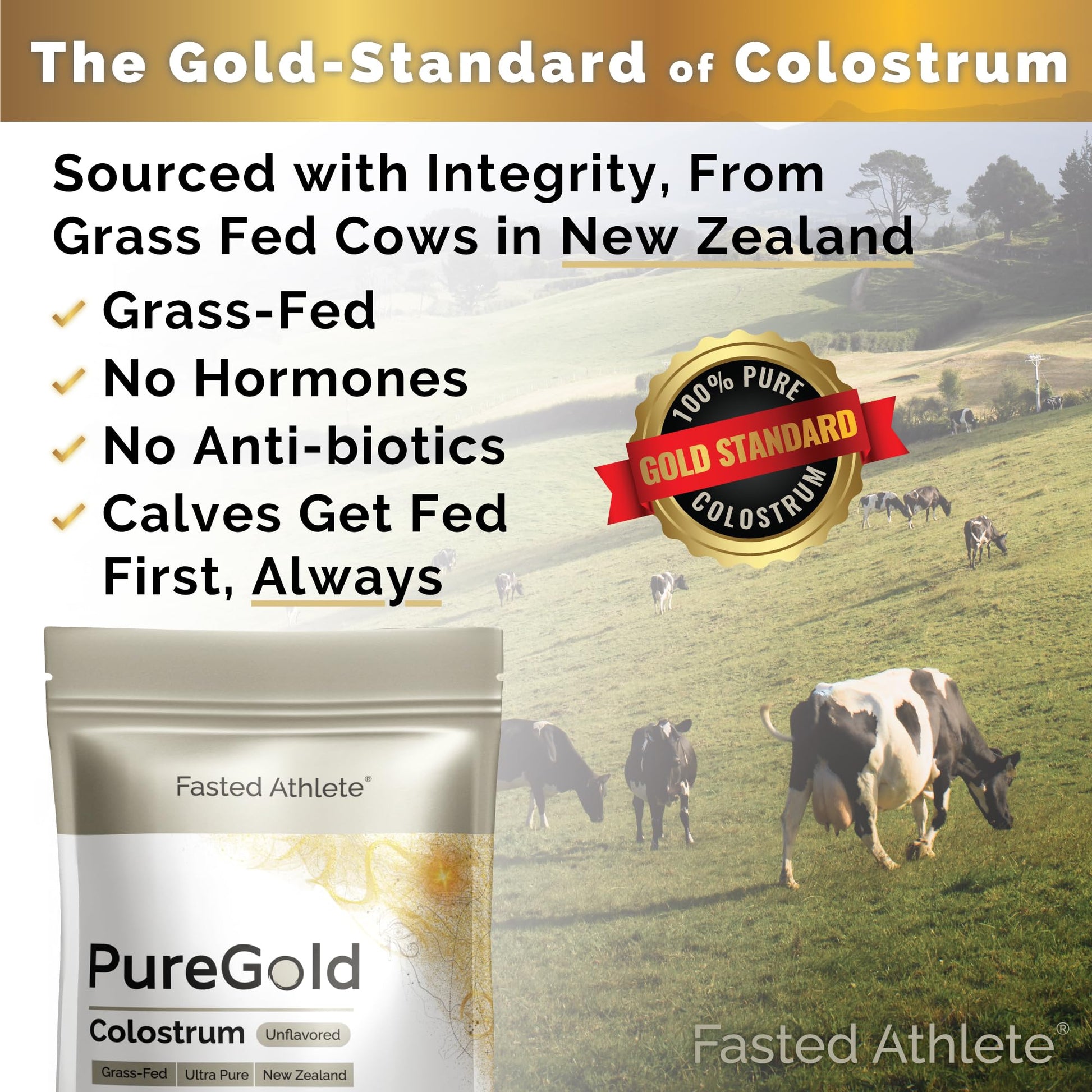 PureGold - Bovine Colostrum Powder - 100% Pure New Zealand Grass Fed, Supports Gut Health, Skin, Hair, & Immunity – Colostrum Supplement, Unflavored, 30 Travel Packets Fasted Athlete buy australia supplements