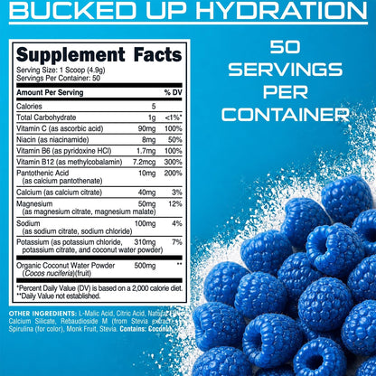 Bucked Up Essentials Electrolytes Blue Raspberry | Advanced Hydration Complex with 500 mg Electrolytes Per Serving | Gluten Free Non GMO Third Party Tested Drink Mix | 230g (50 Servings)