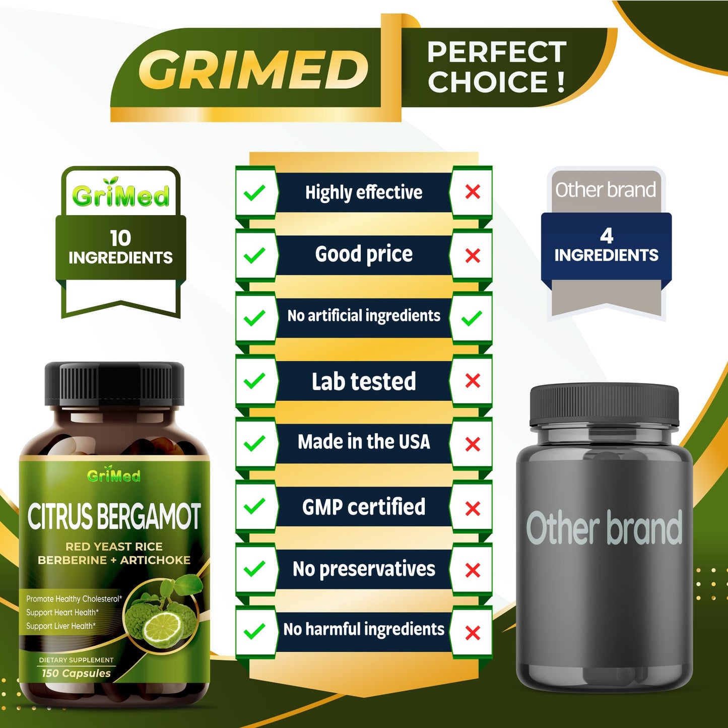 Citrus Bergamot with Red Yeast Rice, Garlic, Artichoke for Healthy Cholesterol, Heart Health (150 Count (Pack of 1)) GriMed