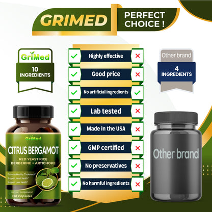 Citrus Bergamot with Red Yeast Rice, Garlic, Artichoke for Healthy Cholesterol, Heart Health (150 Count (Pack of 1)) GriMed