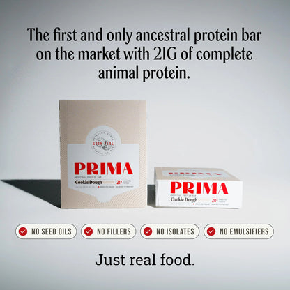 PRIMA Cookie Dough Protein Bar | 21g Grass Fed Whey and Collagen | No Seed Oils, No Preservatives, Raw Honey Sweetened | 7 Pack PRIMA ANCESTRAL PROTEIN BAR
