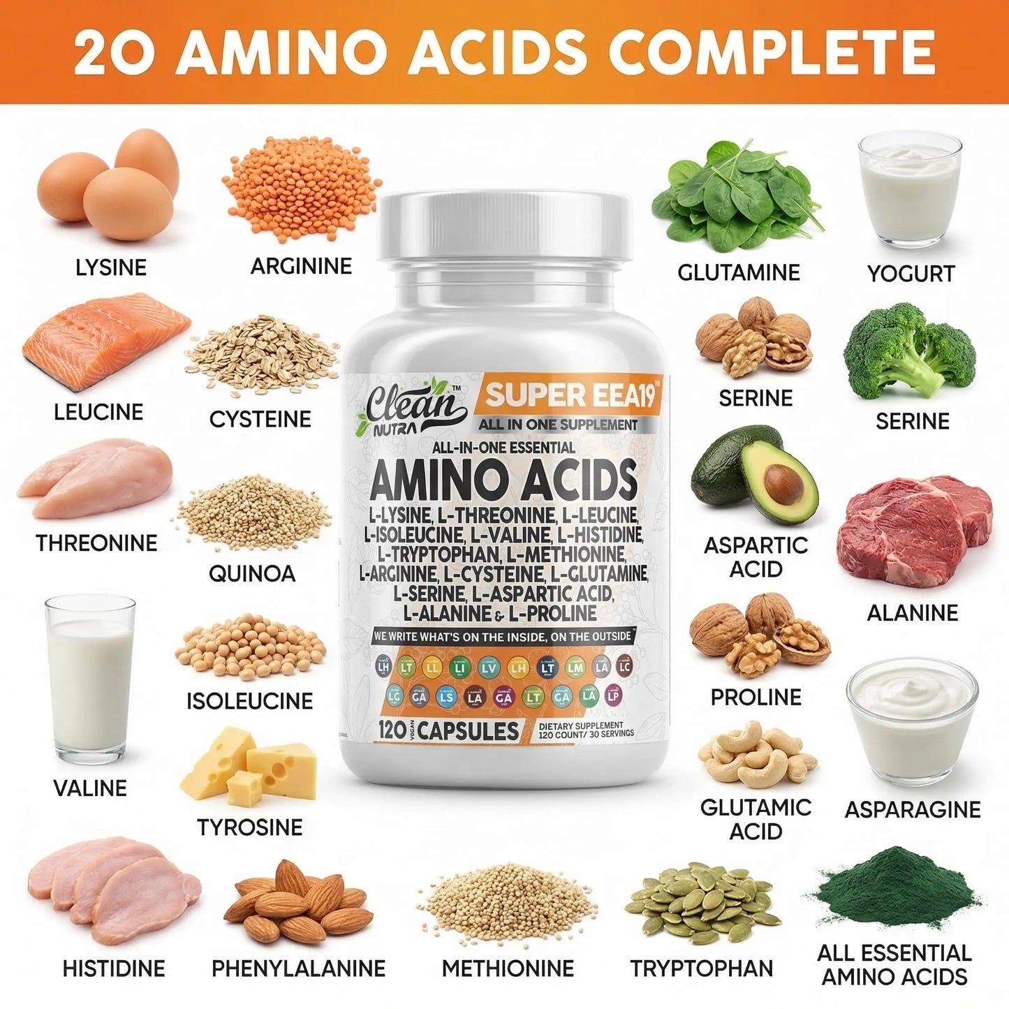 Clean Nutraceuticals Amino Acids Supplement L-Lysine, L-Threonine, L-Leucine, Isoleucine, Valine, L-Histidine, L-Tryptophan, L-Methionine, L-Arginine, L-Cysteine, Clean Nutraceuticals