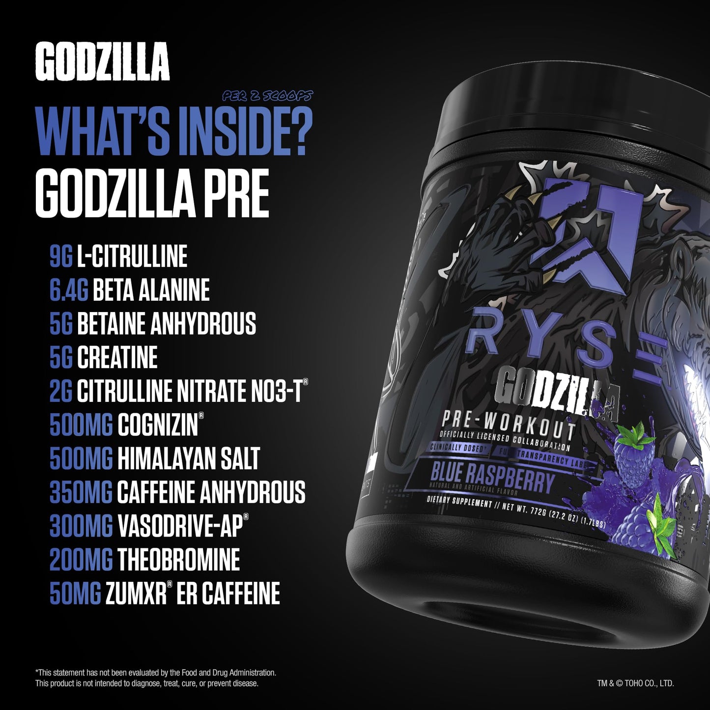 RYSE Godzilla X Noel Deyzel Pre Workout Powder - Monsterberry Lime - 400mg Caffeine, High Stim Pre-Workout for Men & Women with Citrulline & Beta Alanine - Energy, Pump & Focus - 20/40 Servings