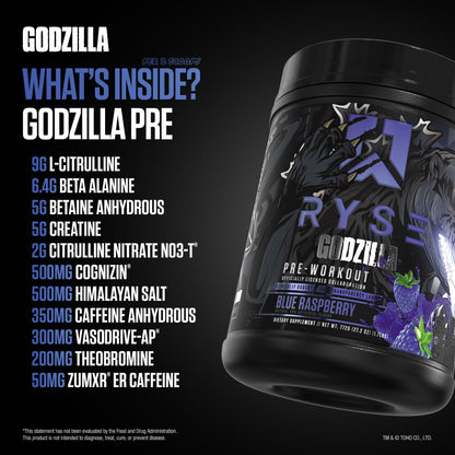 RYSE Godzilla X Noel Deyzel Pre Workout Powder - Monsterberry Lime - 400mg Caffeine, High Stim Pre-Workout for Men & Women with Citrulline & Beta Alanine - Energy, Pump & Focus - 20/40 Servings