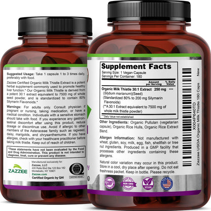 Zazzee USDA Organic Milk Thistle 30:1 Extract, 80% Silymarin, 120 Capsules | Vegan, 4 Month Supply, Certified Kosher, High Potency Liver & Antioxidant Support, Silybum Marianum, Non-GMO, Made in the USA Gsupps Australia