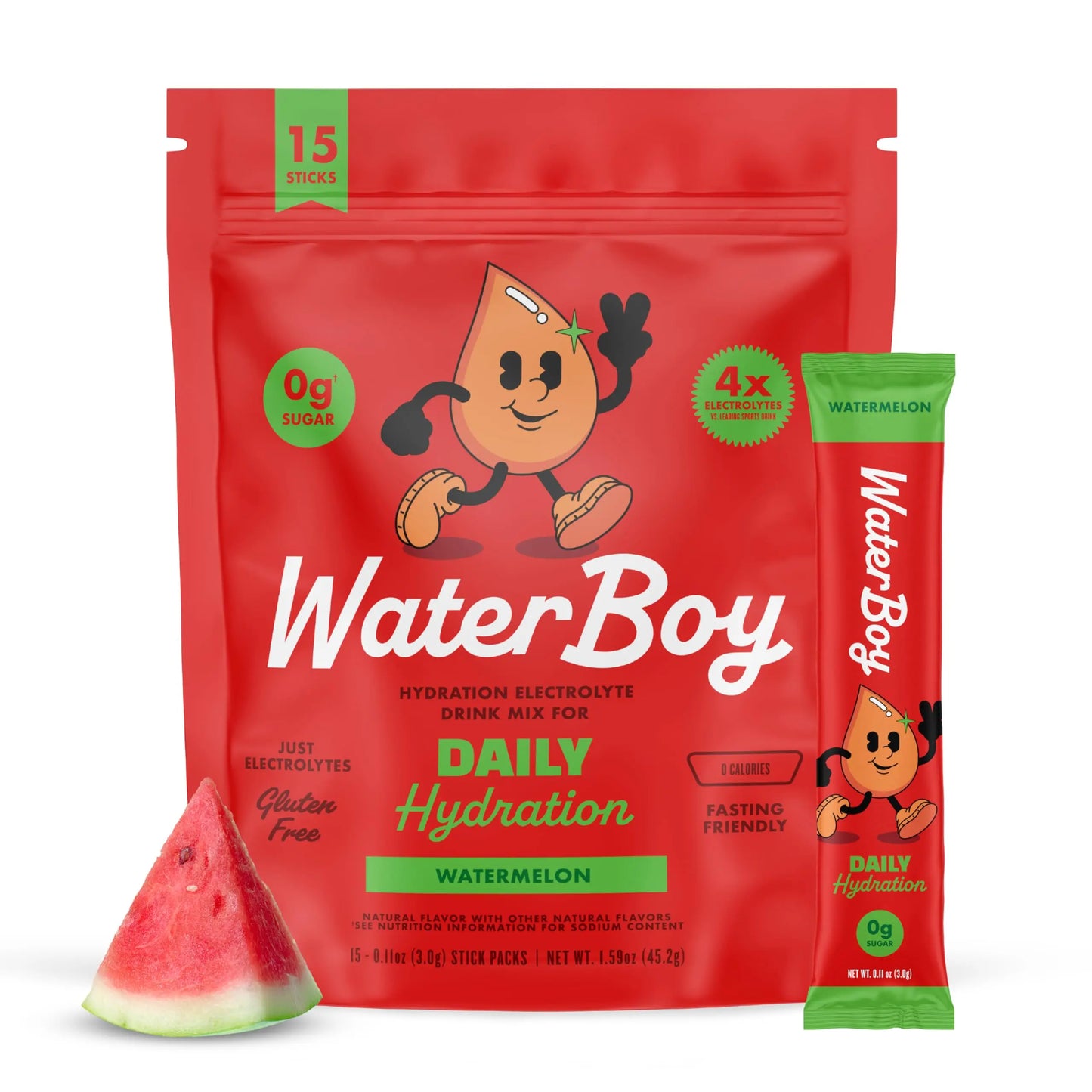 Waterboy Daily Hydration | 1,570mg Electrolyte Powder Packets | No Sugar, All Natural, Gluten Free, Zero Calories | 15 Drink Stick Mixes (Watermelon) Waterboy