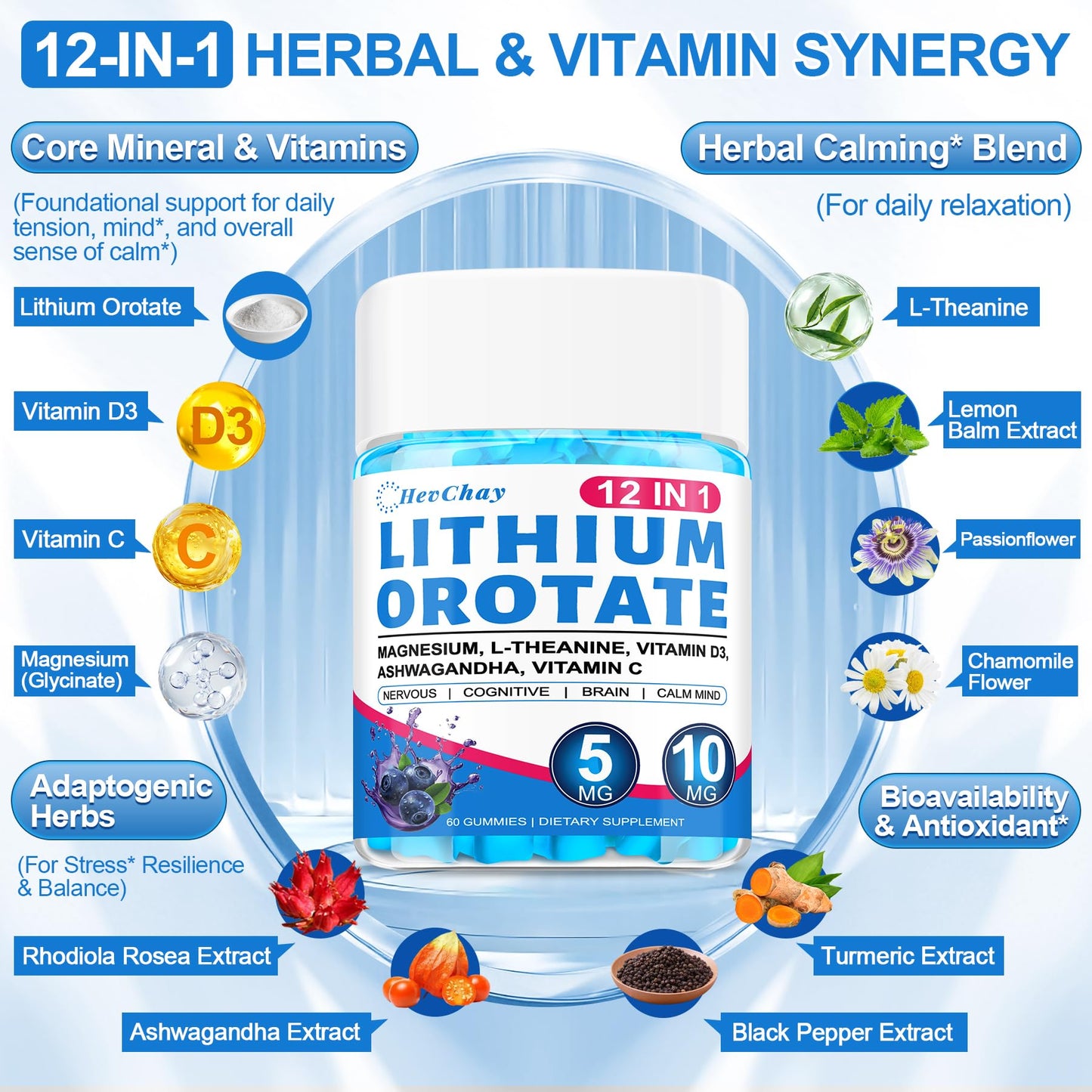 12-in-1 Lithium Orotate 5mg 10mg with Ashwagandha & L-Theanine, Lithium Orotate for Mood, Calm, Cognitive & Brain, High Bioavailability Trace Mineral, Lemon Balm HevChay