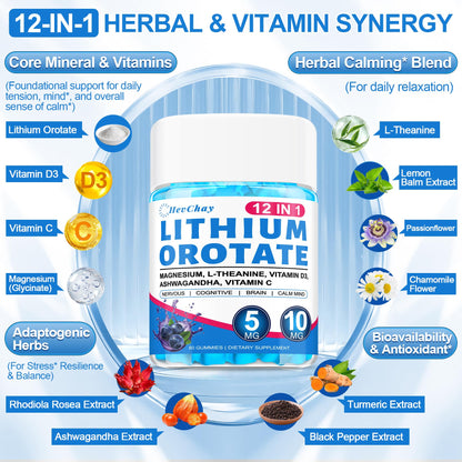 12-in-1 Lithium Orotate 5mg 10mg with Ashwagandha & L-Theanine, Lithium Orotate for Mood, Calm, Cognitive & Brain, High Bioavailability Trace Mineral, Lemon Balm HevChay