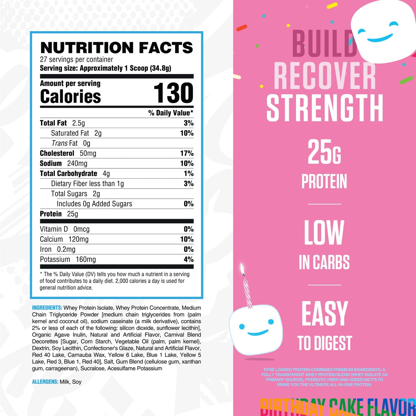 RYSE Loaded Protein Powder - Jet-Puffed Marshmallow - 25g Whey Protein Isolate & Concentrate with Prebiotic Fiber & MCTs - Low Carb, Low Sugar, Digestive-Friendly - 27 Servings / 2 lb Tub
