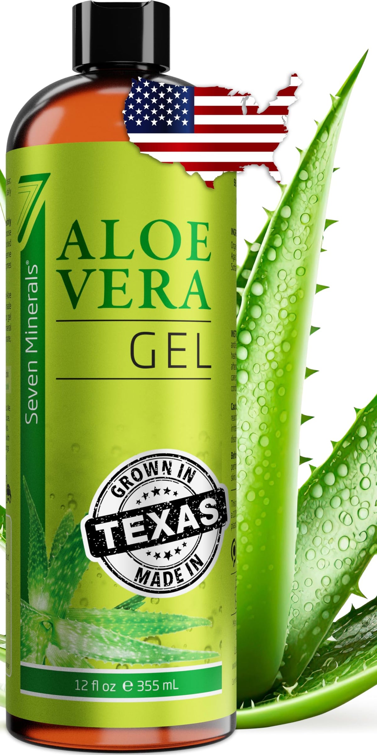 Seven Minerals Aloe Vera Gel with Freshly Cut Pure Organic Aloe - Big 12oz - Texas Grown, HighestQuality, Vegan, Unscented, Non-Sticky - After Sun, Skin & Face Moisturizer, Hair Mask Seven Minerals