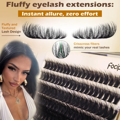 Focipeysa Lash Extension Kit Thick Eyelash Extension Kit 10-18mm Fluff Volume Lash Clusters 200D Individual Eyelashes Kit with Lashes Bond, Lashes Remover, Lash Tweezers, DIY Lash Extension Focipeysa