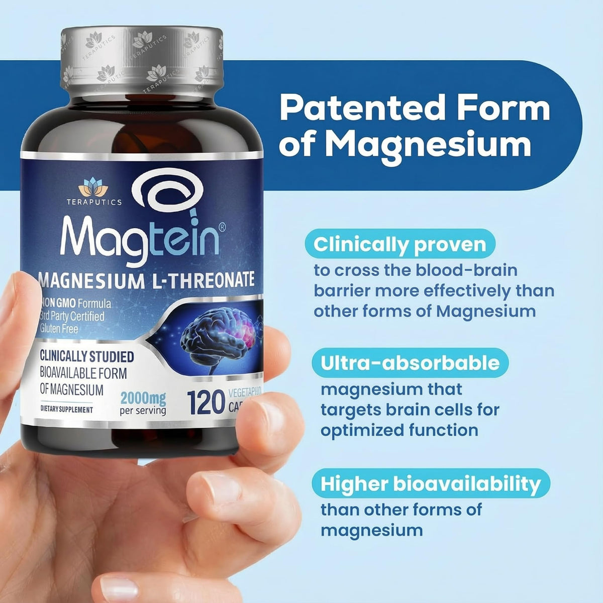 Magnesium L Threonate, Magtein, Brain Supplement for Memory, Focus, Sleep and Cognitive Support, High Absorption Magnesium L-Threonate, Non-GMO Teraputics