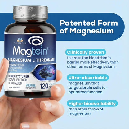 Magnesium L Threonate, Magtein, Brain Supplement for Memory, Focus, Sleep and Cognitive Support, High Absorption Magnesium L-Threonate, Non-GMO Teraputics