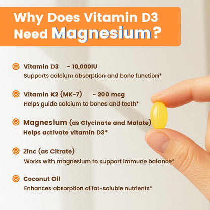 VEV Vitamin D3 K2 10,000 IU Magnesium Supplement – with Vitamin D and K (MK-7), Magnesium Glycinate & Malate, Zinc Citrate VEV
