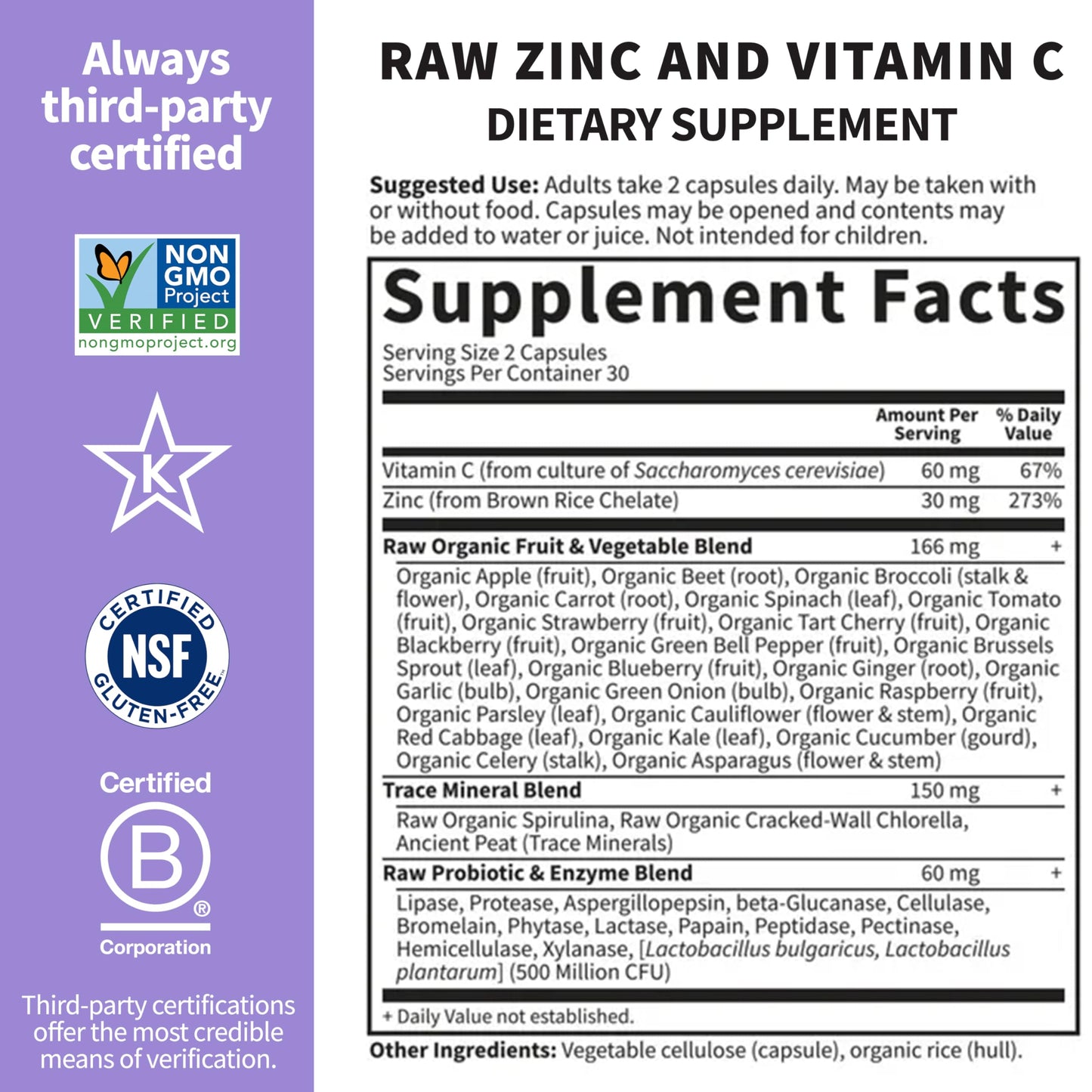 Garden of Life Zinc Supplements 30mg High Potency Raw Zinc and Vitamin C Multimineral Supplement, Vitamin Code Vitamins Trace Minerals & Probiotics Garden of Life