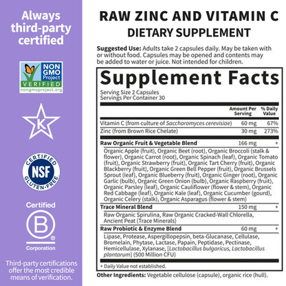 Garden of Life Zinc Supplements 30mg High Potency Raw Zinc and Vitamin C Multimineral Supplement, Vitamin Code Vitamins Trace Minerals & Probiotics Garden of Life