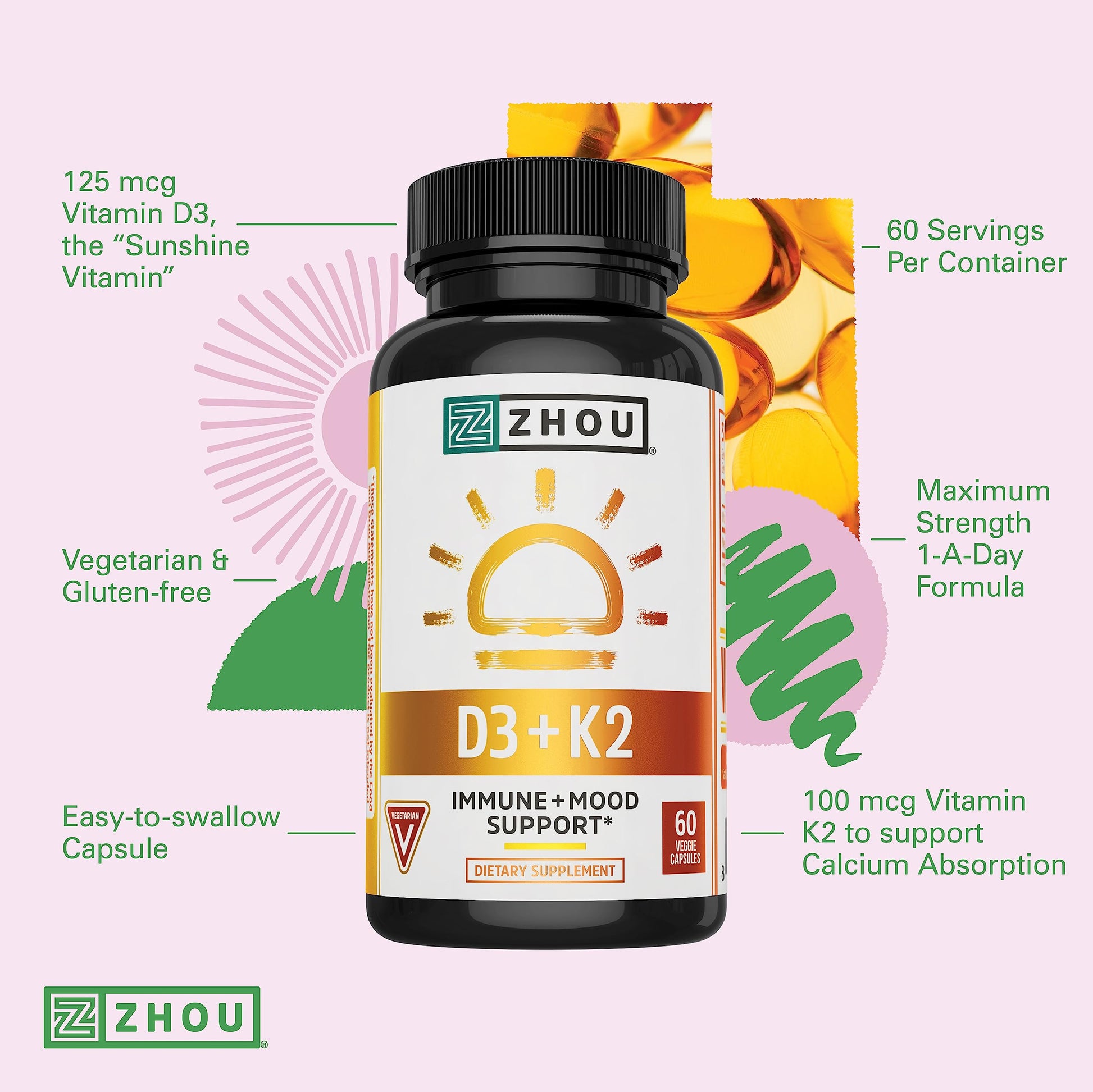 Zhou Nutrition Vitamin D3 K2, Bone and Heart Health Formula 5000 IU Vitamin D3 & 90 mcg Zhou Nutrition buy australia supplements
