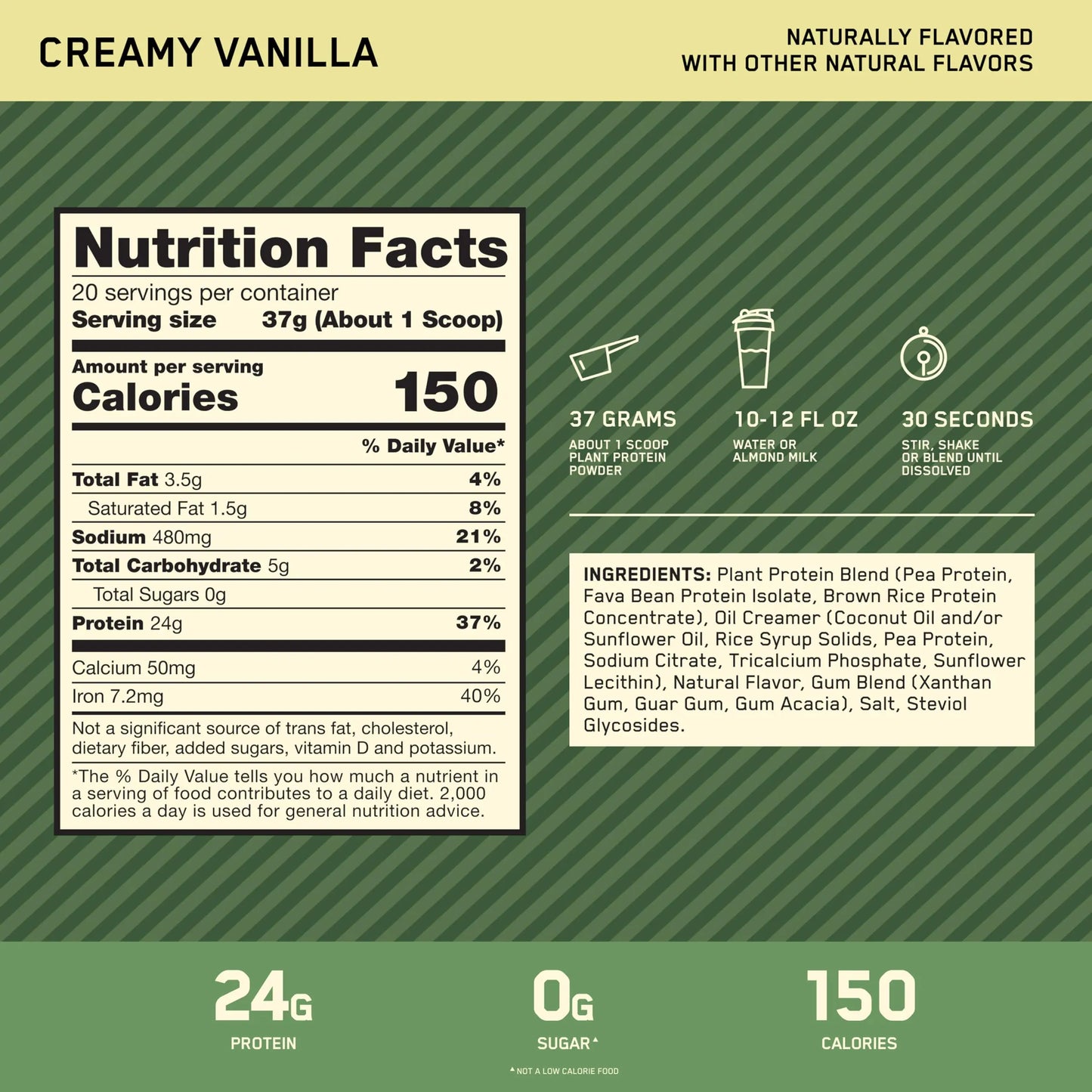 Optimum Nutrition Gold Standard 100% Plant Based Protein Powder, Gluten Free, Vegan Protein for Muscle Support and Recovery with Amino Acids - Creamy Vanilla, 20 Servings (Packaging May Vary) Optimum Nutrition