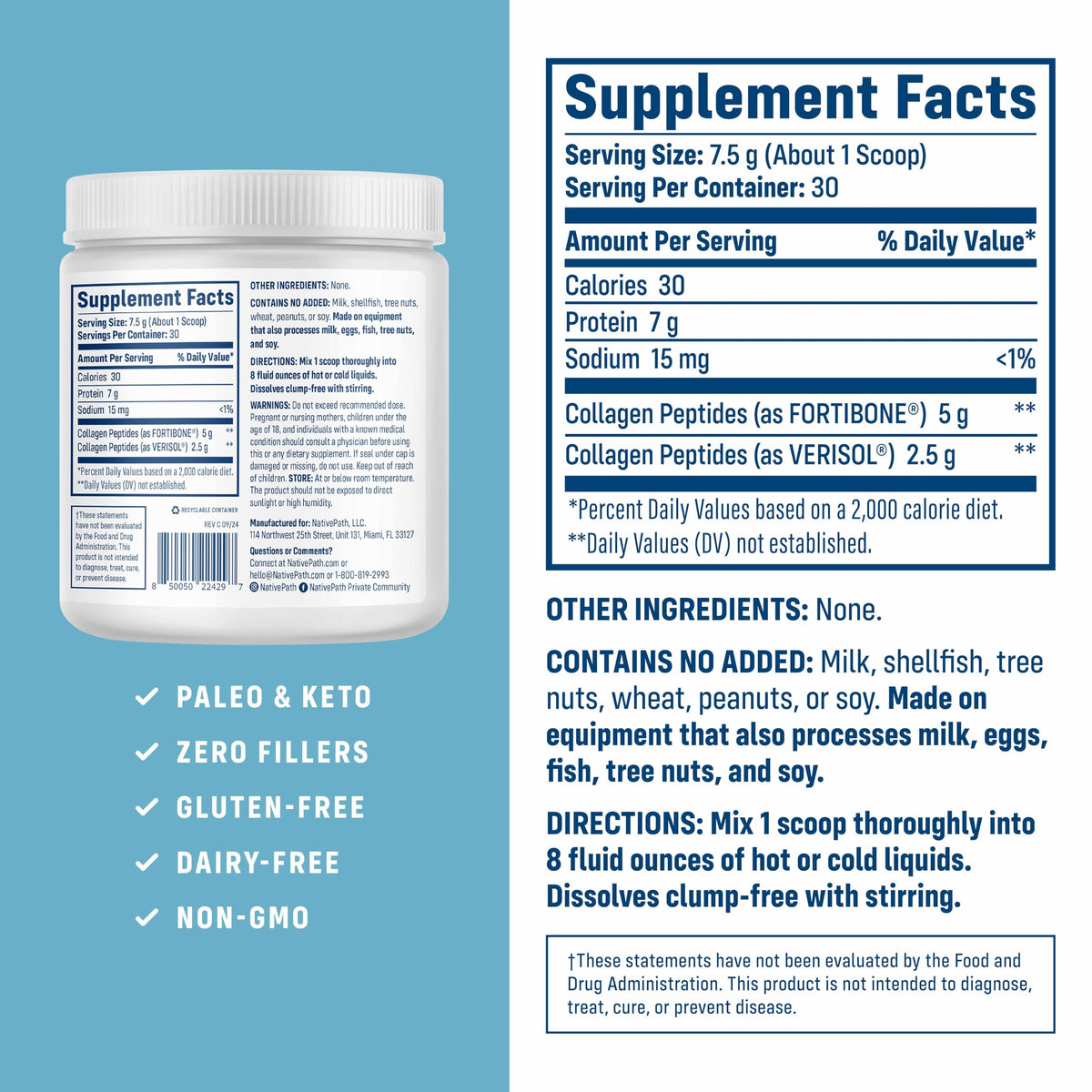 NativePath Bone Health Collagen Peptides, Type 1 & 3, with Fortibone and Verisol, 7.9 Ounce, 30 Servings NativePath