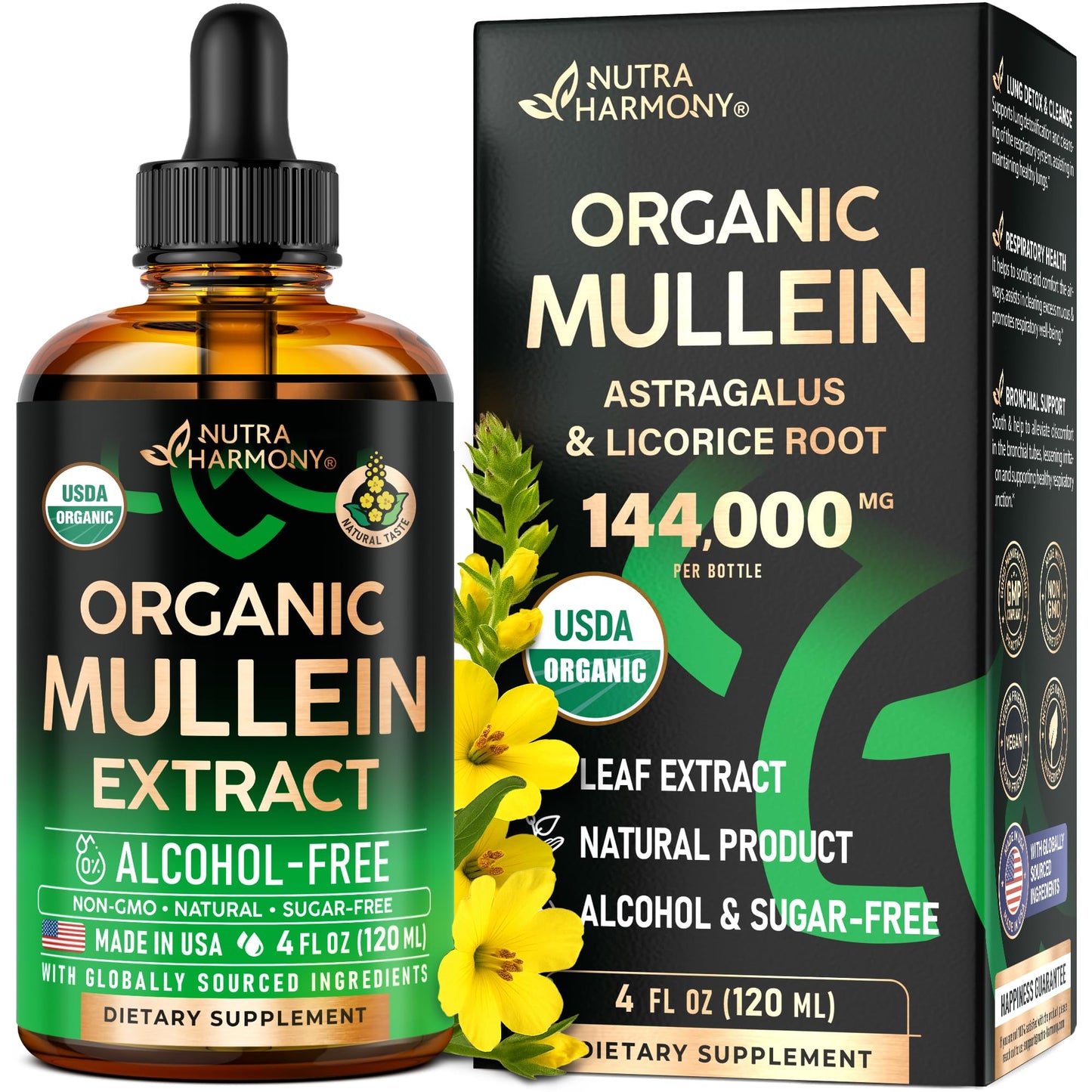 Mullein Drops for Lungs - USDA Organic Liquid - Mullein Leaf Extract Supplement - Made in USA - Lung & Bronchial Cleanse for Smokers - Respiratory Health Support NUTRAHARMONY