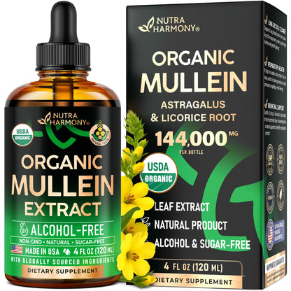 Mullein Drops for Lungs - USDA Organic Liquid - Mullein Leaf Extract Supplement - Made in USA - Lung & Bronchial Cleanse for Smokers - Respiratory Health Support NUTRAHARMONY
