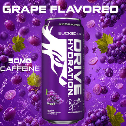 Bucked Up Drive Hydration and Energy | Zero Sugar Electrolyte Drink with GeniusPure Alpha-GPC & 50mg Natural Caffeine | No Artificial Colors | Performance Hydration Beverage | 12 Pack, 16 fl oz Cans | (Grape)