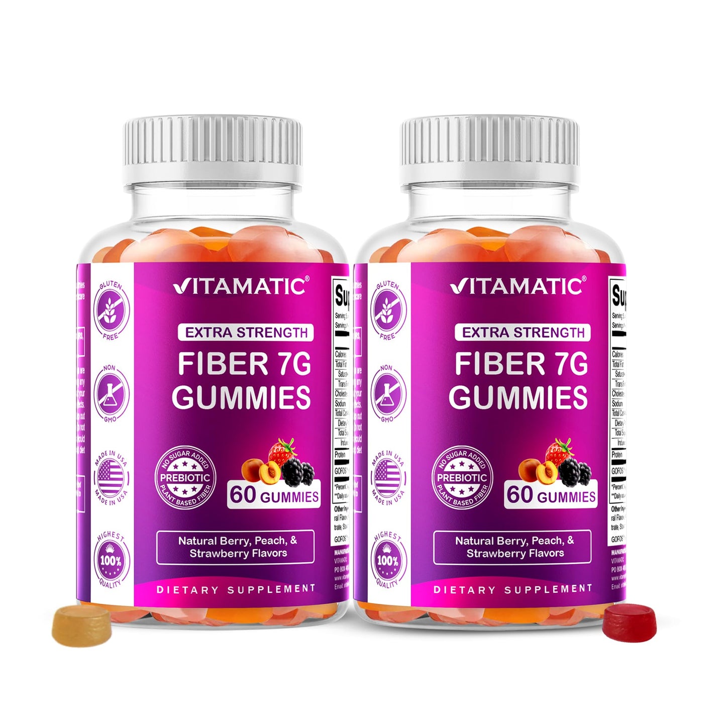 Vitamatic Prebiotic Fiber Gummies for Adults – 2 Pack (Total 120 Gummies) 7g Fiber per Serving | Extra Strength | Zero Sugar Added | Pectin-Based Vitamatic