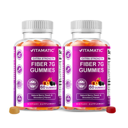 Vitamatic Prebiotic Fiber Gummies for Adults – 2 Pack (Total 120 Gummies) 7g Fiber per Serving | Extra Strength | Zero Sugar Added | Pectin-Based Vitamatic
