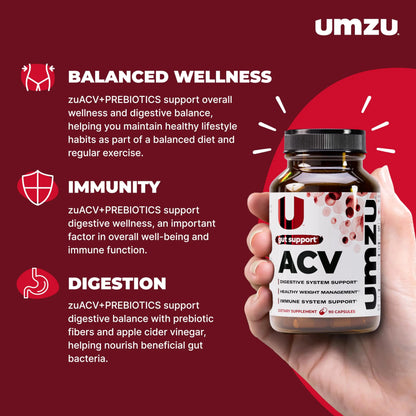UMZU zuACV Apple Cider Vinegar + Prebiotics Supplement, (30 Day Supply) – ACV & Inulin Fiber Blend – Gut Health Support with ACV Capsules UMZU