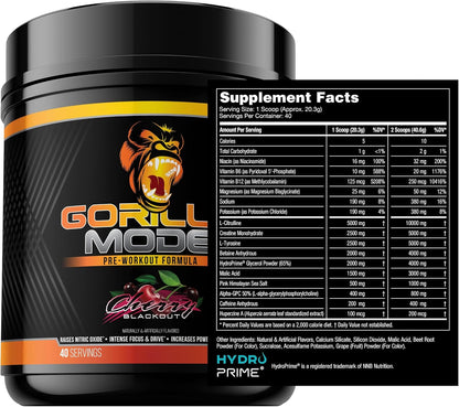Gorilla Mode Pre Workout & Gorilla Mode Nitric Upgraded Stimulant - Best Tasting & Most Effective Stimulant Free Pre-Workout | Massive Pump | Laser Focus Energy Power (Cherry Blackout)