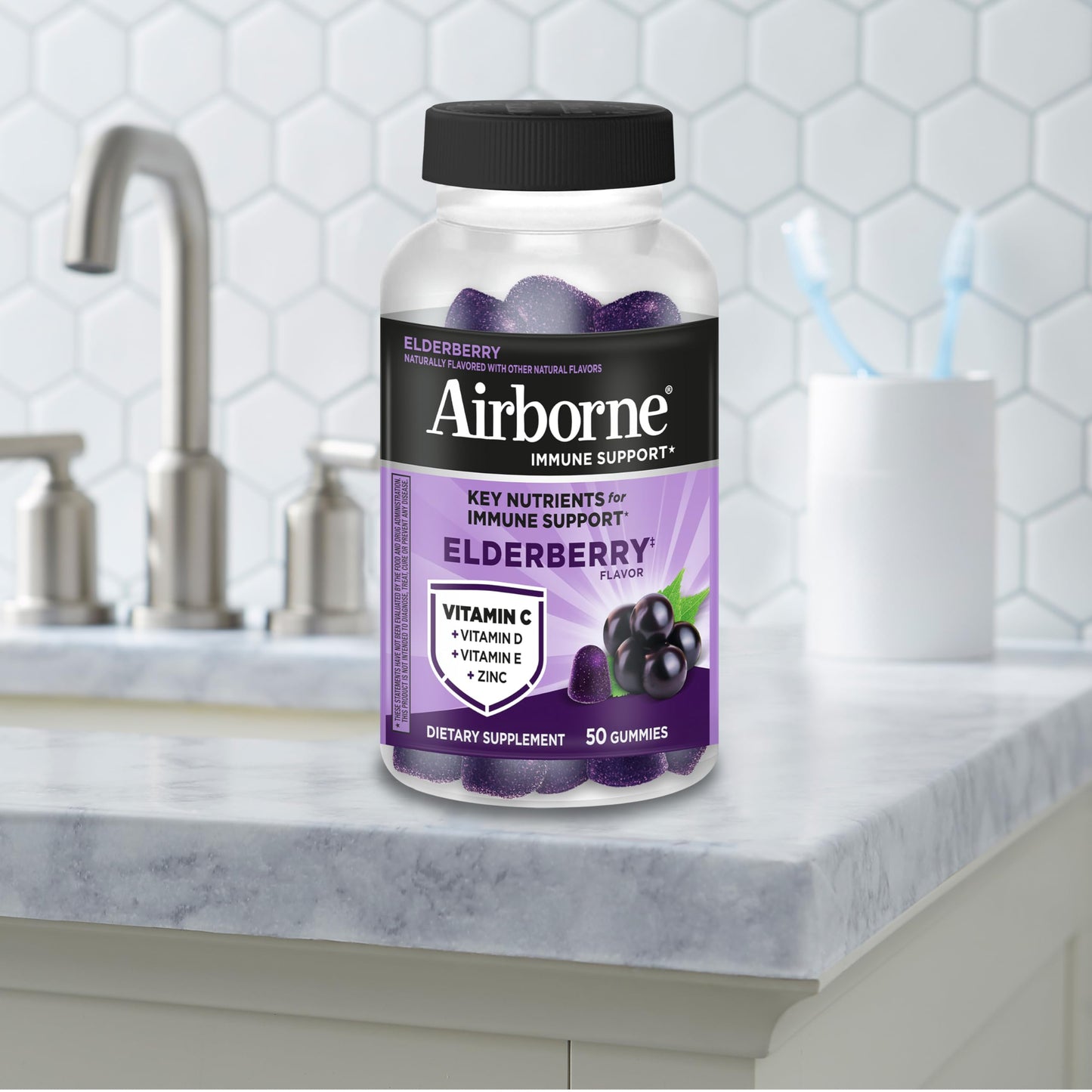 Airborne Elderberry + Zinc & Vitamin C Gummies For Adults, Immune Support Vitamin D & Zinc Gummies With Powerful Antioxidant Vitamins C D & E Airborne