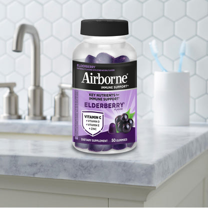 Airborne Elderberry + Zinc & Vitamin C Gummies For Adults, Immune Support Vitamin D & Zinc Gummies With Powerful Antioxidant Vitamins C D & E Airborne