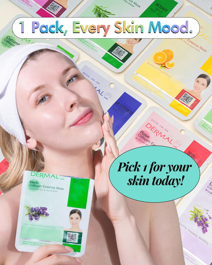 DERMAL 24 Combo Korean Essence Sheet Mask Variety Pack, Collagen & More DERMAL