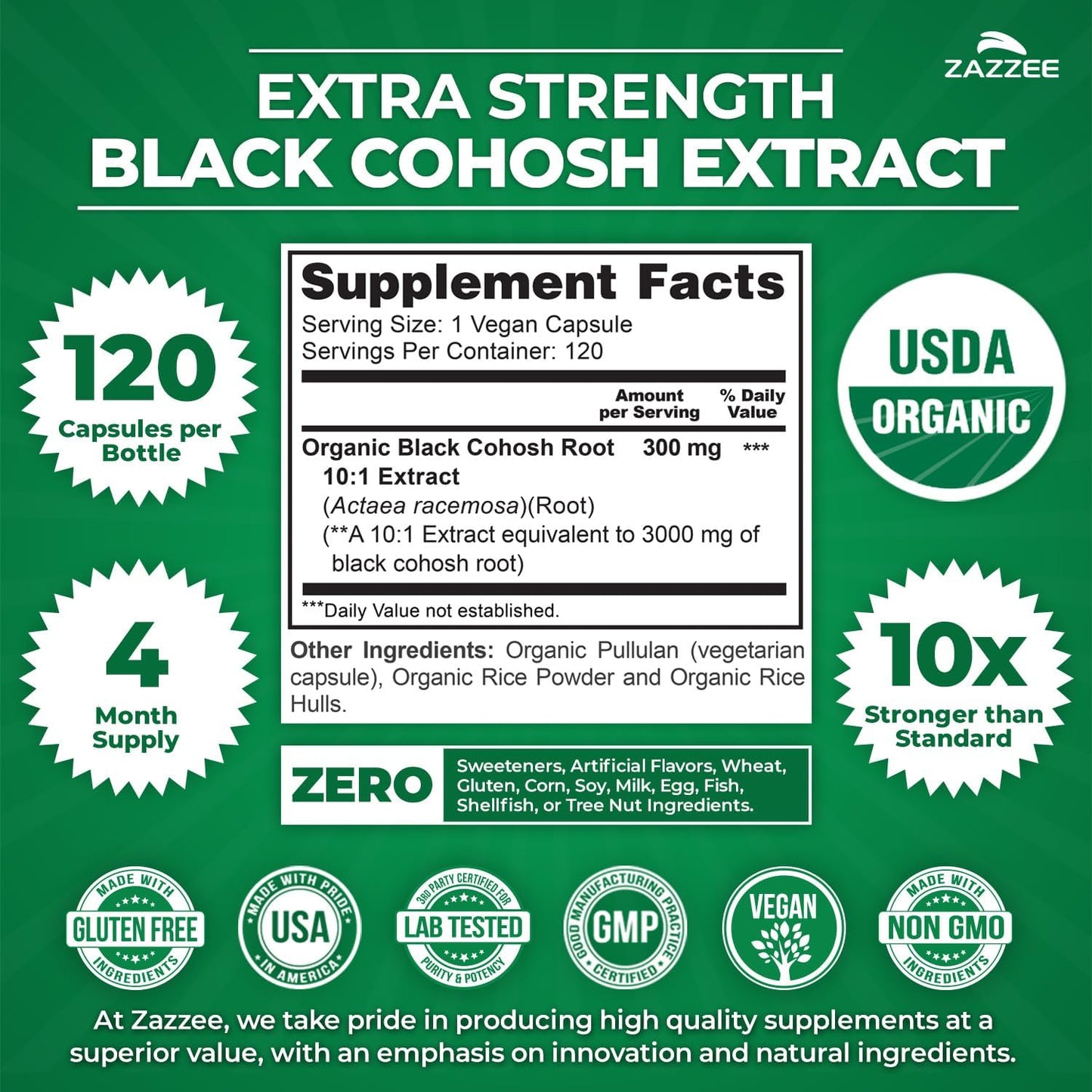 Zazzee USDA Organic Black Cohosh 10:1 Extract, 120 Vegan Capsules | 4 Month Supply, Actaea Racemosa, Women’s Health & Hormonal Balance Support, All-Natural, Non-GMO, Made in the USA Gsupps Australia