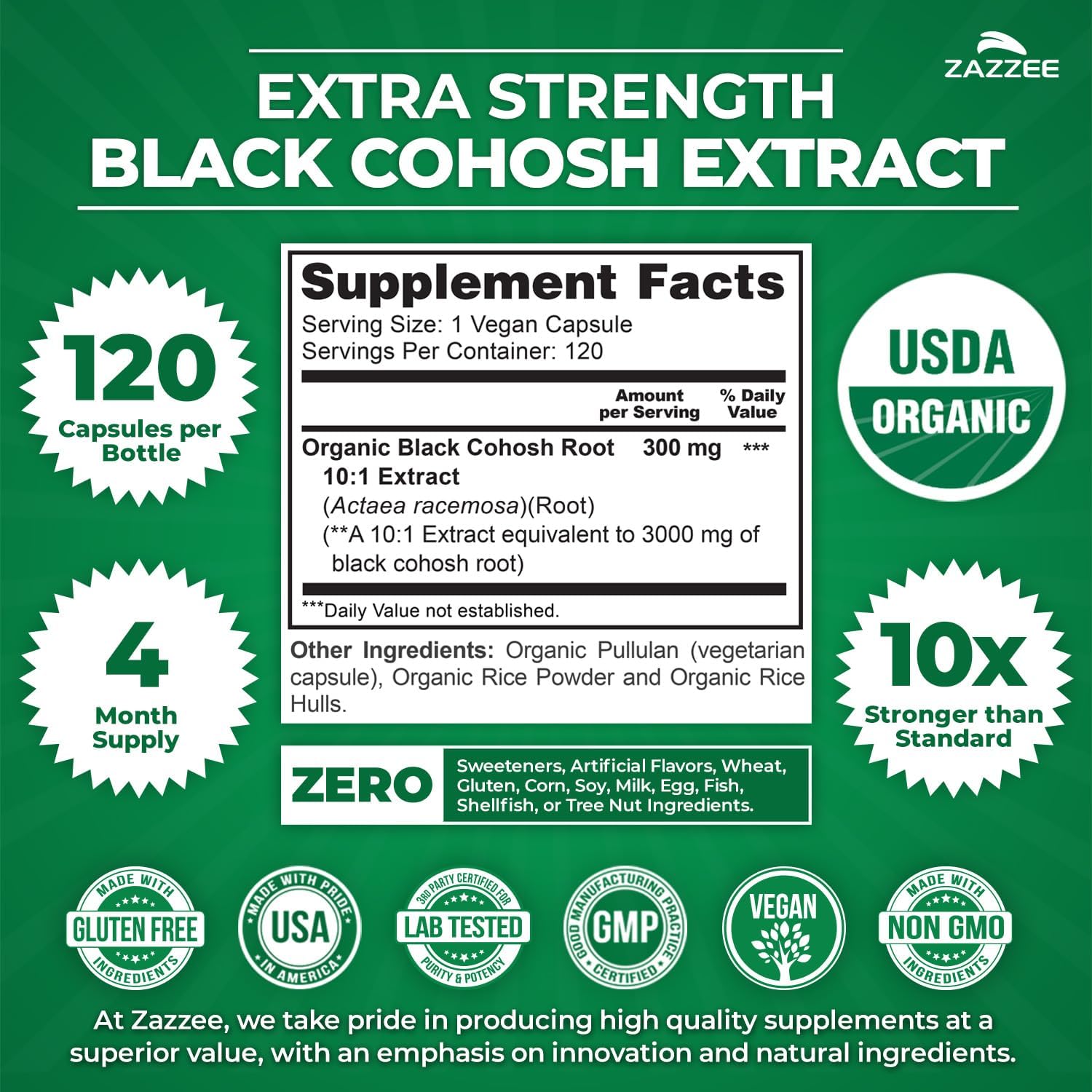 Zazzee USDA Organic Black Cohosh 10:1 Extract, 120 Vegan Capsules | 4 Month Supply, Actaea Racemosa, Women’s Health & Hormonal Balance Support, All-Natural, Non-GMO, Made in the USA Gsupps Australia