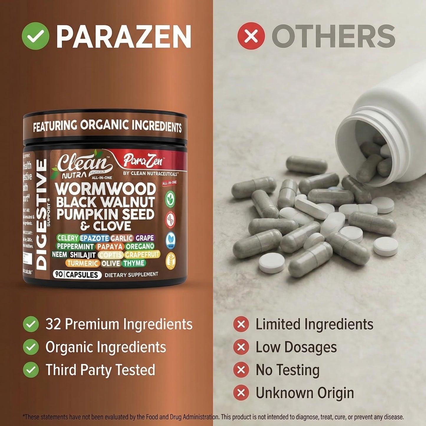 Clean Nutra Wormwood Black Walnut Pumpkin Seed Clove Oil Celery Garlic Grape Papaya Neem Diatomaceous Earth Womens Probiotic Gut Health Cleanse Detox Oregano Clean Nutraceuticals