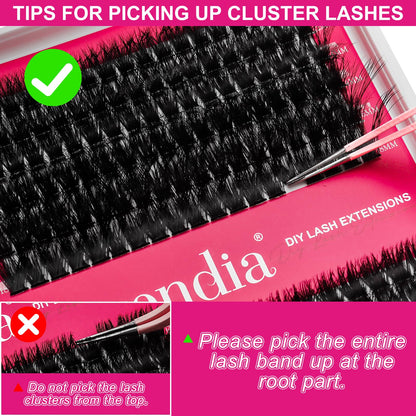 Fowendia Lash Clusters Kit Fluff 80D 100D Individual Lashes D-Curly Cluster Eyelash Extensions 10-18mm DIY Lash Extension Kit Lash Bond and Seal Waterproof, Lash Applicator, Thick False Eyelashes Kit Fowendia