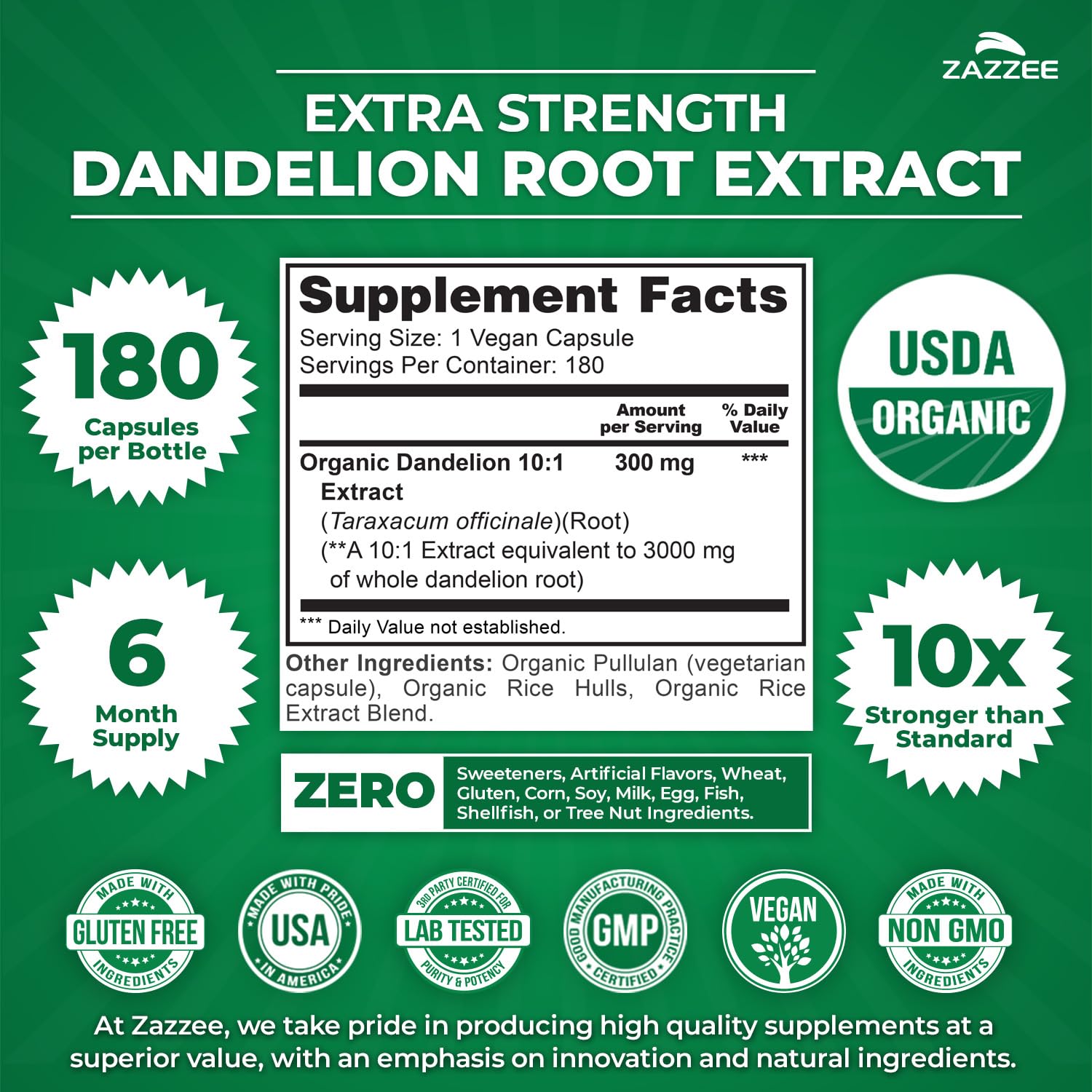 Zazzee USDA Organic Dandelion Root 10:1 Extract, 120 Capsules | 4 Month Supply, Liver & Detox Support, Taraxacum Officinale, Organic Herbal Supplement, All-Natural, Non-GMO, Made in the USA Gsupps Australia
