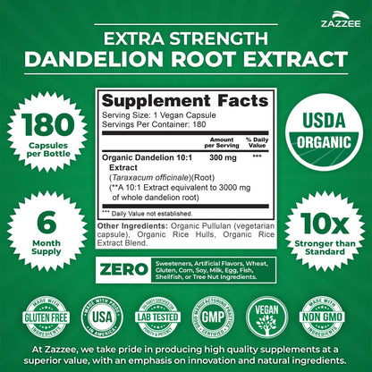 Zazzee USDA Organic Dandelion Root 10:1 Extract, 120 Capsules | 4 Month Supply, Liver & Detox Support, Taraxacum Officinale, Organic Herbal Supplement, All-Natural, Non-GMO, Made in the USA Gsupps Australia