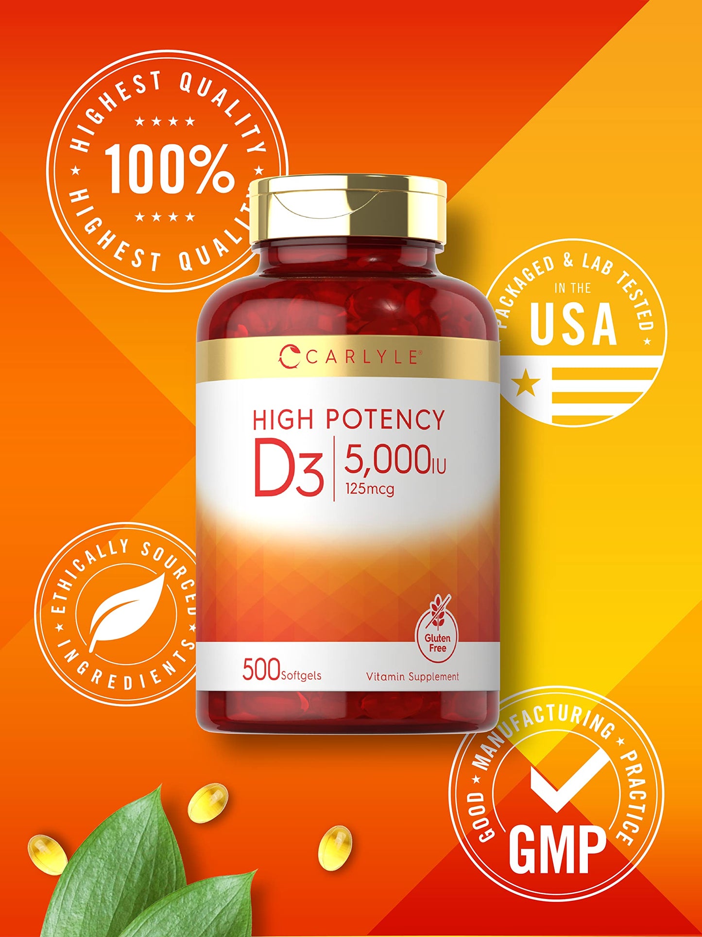 Carlyle Vitamin D3 5000 IU Softgels | 500 Count | Value Size | Non-GMO and Gluten Free Supplement | High Potency Formula | 125mcg Carlyle