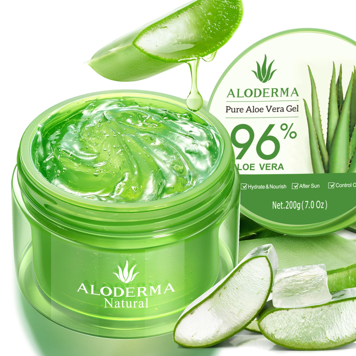 Aloderma Aloe Vera Gel Made within 12 Hours of Harvest with 96% Pure Organic Aloe Vera for Skin, Scalp, & Hair, Soothing Aloe Face Moisturizer, Multipurpose, Hydrating Aloe Gel, 7.05oz Aloderma