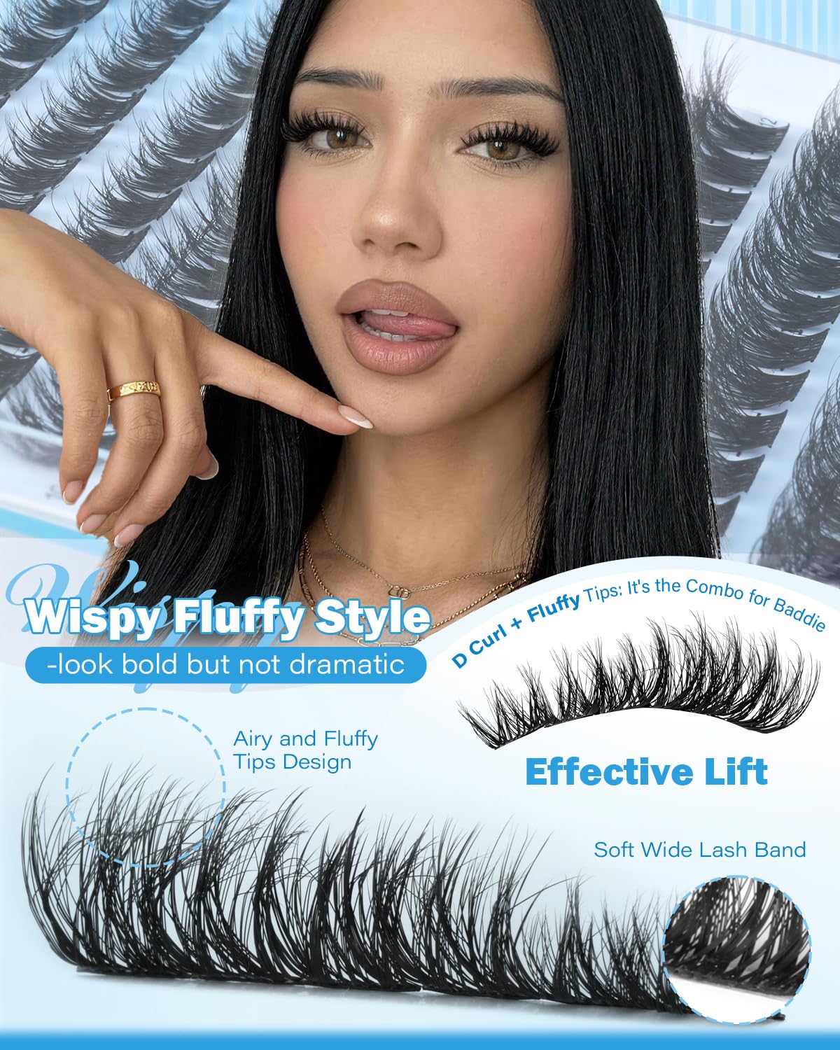 Wispy Lash Clusters Fluffy Eyelash Clusters 8-10-12mm Cluster Eyelash Extensions Volume D Curl Individual Lashes Clusters Wispy Fluffy Lash Extensions with Thin Band Soft for Daily Wear wtvane