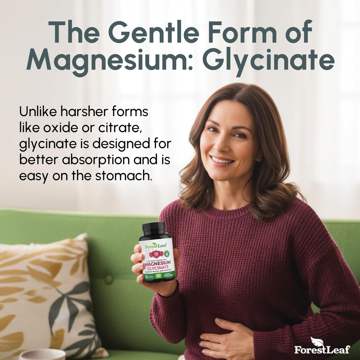 Pure Magnesium Glycinate 400mg Serving - High Absorption Magnesium Glycinate - Mag Bisglycinate for Stress, Bones, Muscles, Nerves, ForestLeaf