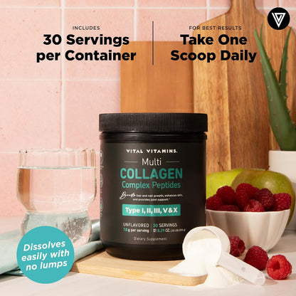 Vital Vitamins Multi Collagen Complex Powder for Hair, Skin, Nails & Joints | 5 Collagen Peptides Types I II III V & X, Unflavored, Easy to Dissolve, Scoop Included Inside, 30 Servings Gsupps Australia