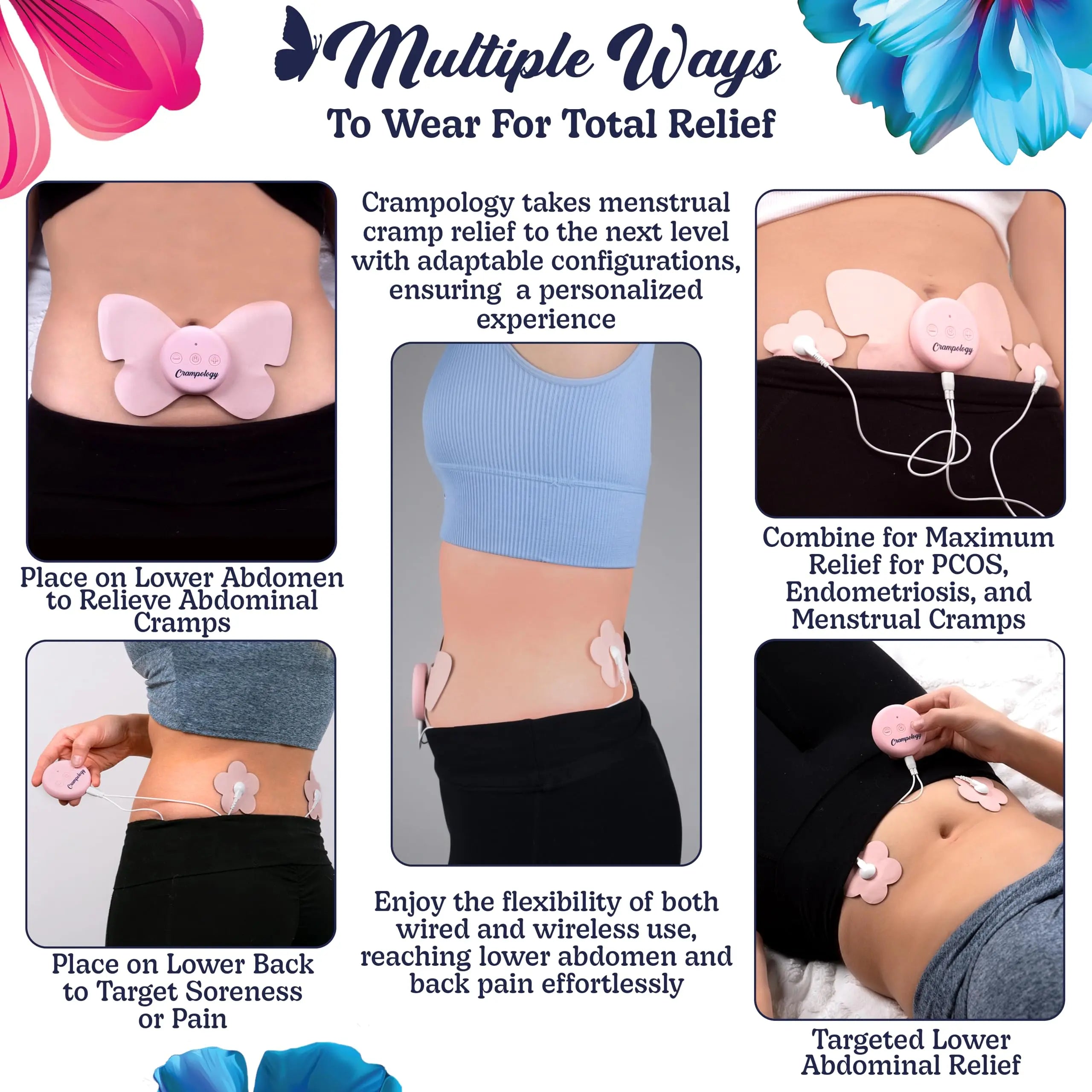 Crampology Relief Pink-Period Cramps Pain Relieving Device, Cramp Massager for Menstrual and Lower Back Ache, Reduces Endometriosis Discomfort, PMS TENS Unit, Wireless or Wired, Natural Cycle Support Crampology buy australia supplements