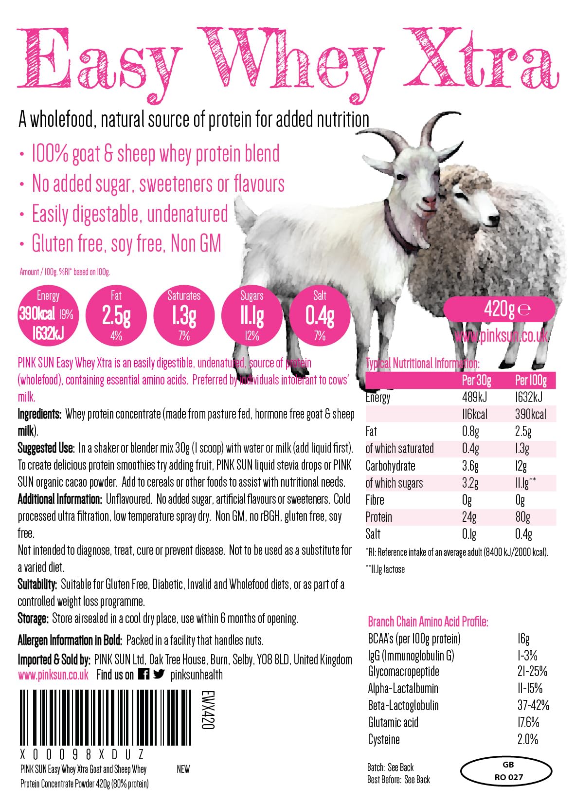 PINK SUN Goat Sheep Whey Protein Powder 420g (80% Protein) Pure Unflavoured Concentrate PINK SUN buy australia supplements