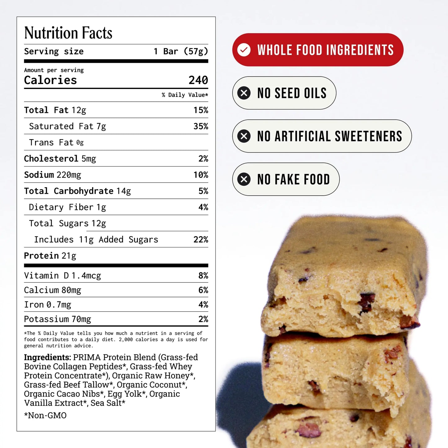 PRIMA Cookie Dough Protein Bar | 21g Grass Fed Whey and Collagen | No Seed Oils, No Preservatives, Raw Honey Sweetened | 7 Pack PRIMA ANCESTRAL PROTEIN BAR